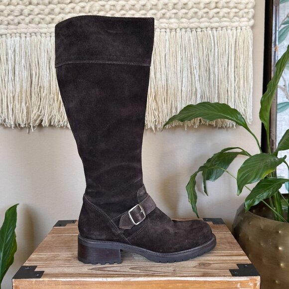 Vintage J. Crew Brown Suede Silver Buckle Inner Zip Lug Sole Knee High Boots - Picture 8 of 17